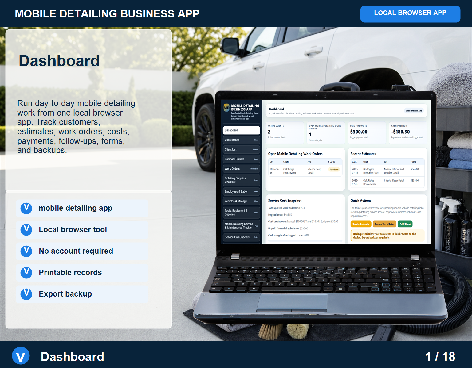 Mobile Detailing business app Mobile Detailing screen for service workflow management